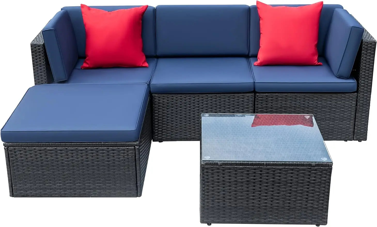 5/2Pc Patio Furniture Sets,All Weathevr Outdoor Manual Weaving Wicker Rattan Seating Sofas W/Cushion &Glass Table,Blue/Red/Beige