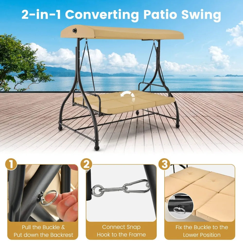 3 Person Porch Swing, 2-In-1 Convertible Patio Swing Bed with Removable Cushions, Solid Steel Structure, Adjustable Canopy