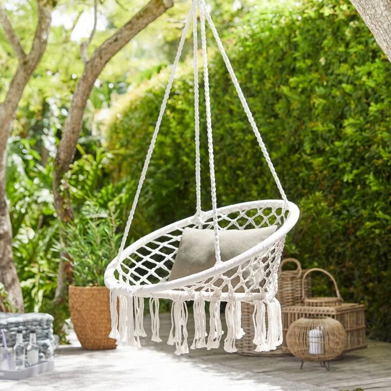 Feistel Garden Hanging Chair White Hammock round Chair with Cotton Tassel Style for Balcony and Yard Black and White