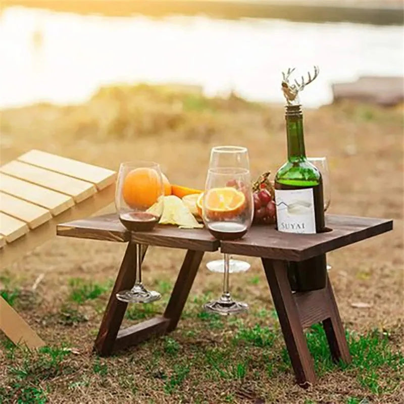 Portable Folding Picnic Table Family Lovers Outdoor Party Goblet Holder Wine Rack 2In1 Fruit Snacks Wooden Travel Dining Table